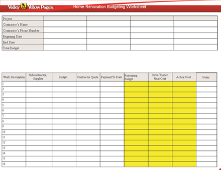 home renovation budget template template