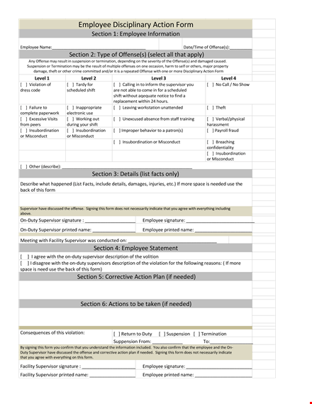 effective employee management: section, supervisor and offense | employee write up form template
