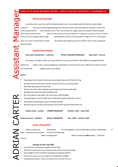 retail assistant manager resume - sales, customer service, and store retail experience template