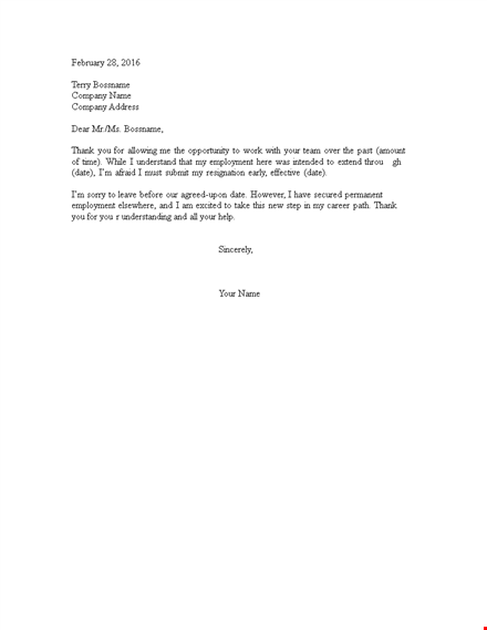 temporary resignation letter example template