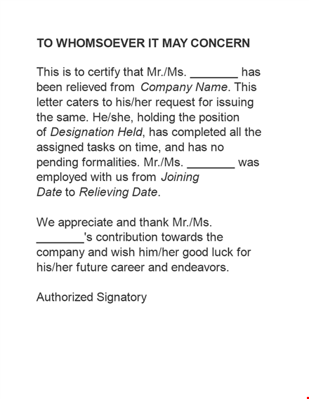 get your official relieving letter from our company - to whomsoever it may concern template