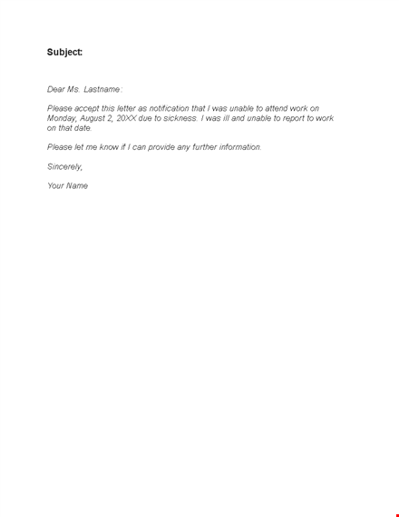 unable to attend work due to illness - sick leave email template template