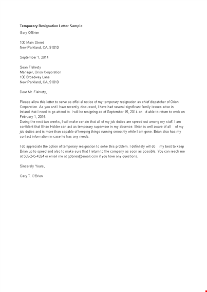 temporary resignation letter format template