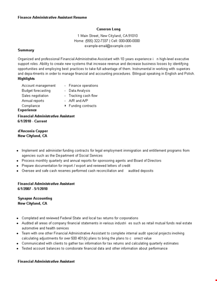 finance administrative assistant resume template