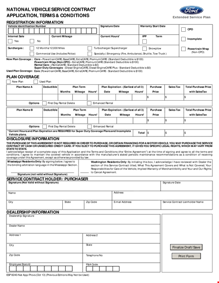 vehicle service contract application template template