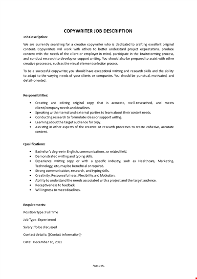 copywriter job description template