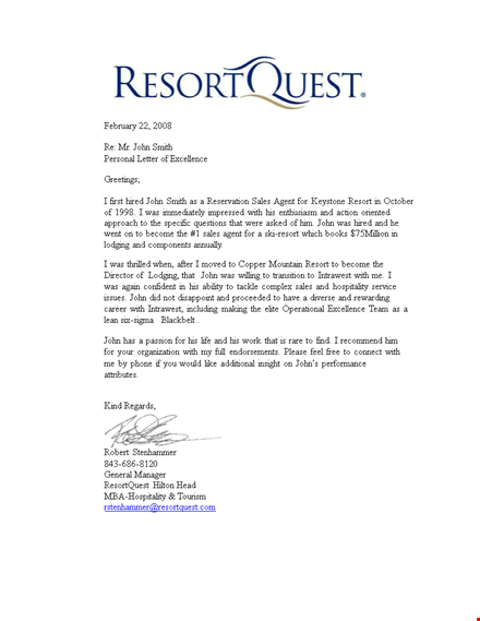 sales manager's recommendation letter template: highlighting smith's excellence in resort sales template