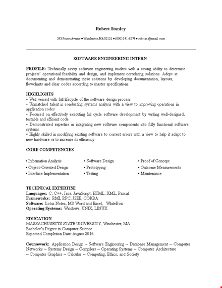 sample software engineering internship resume template