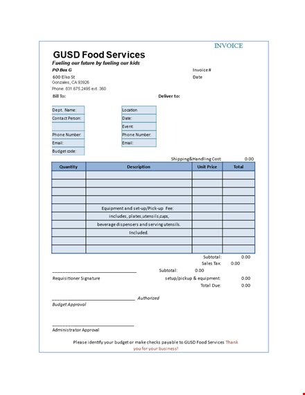affordable official catering services - invoice, budget, phone support template