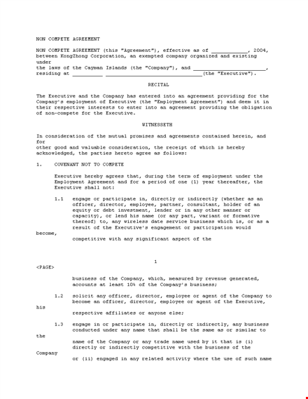 executive non compete agreement template for company business agreement template
