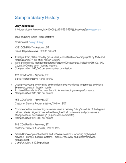 salary history template for company sales representative in anytown | download now template