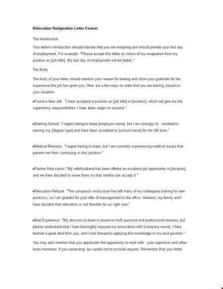 relocation resignation letter format template