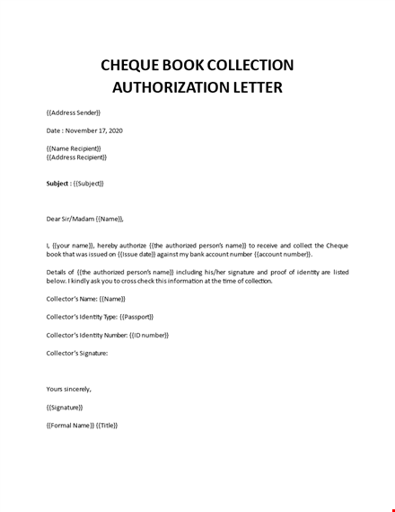 bank authorization letter for cheque book template