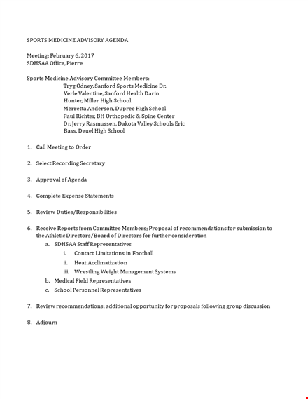 agenda template for sports medicine advisory - school representatives template