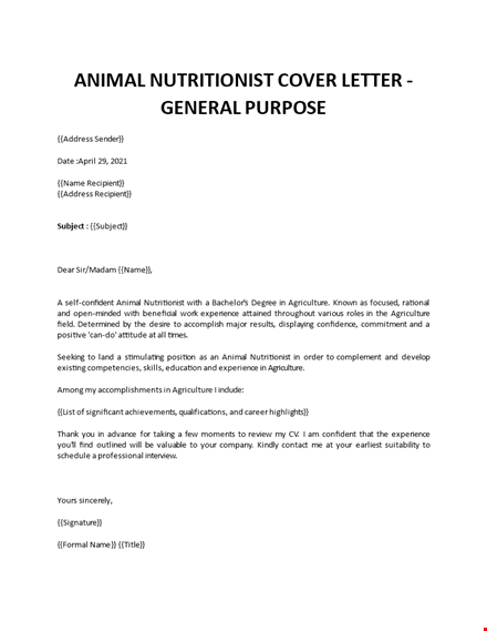 animal nutritionist cover letter template