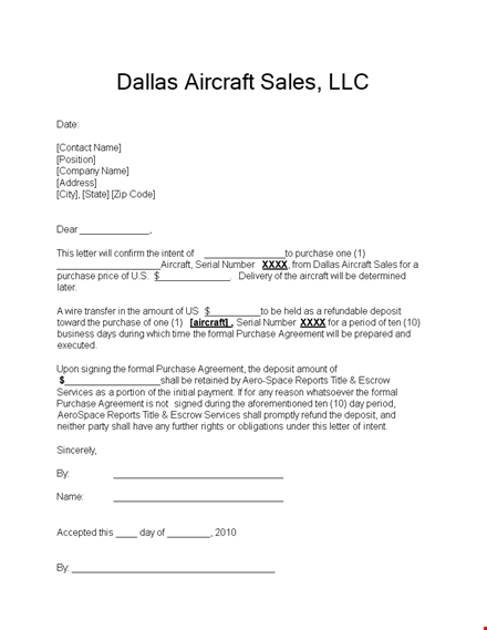 letter of intent for sales or purchase of aircraft - dallas template