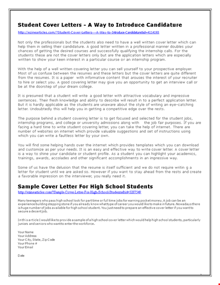 high school student cover letter | applying for job in school template