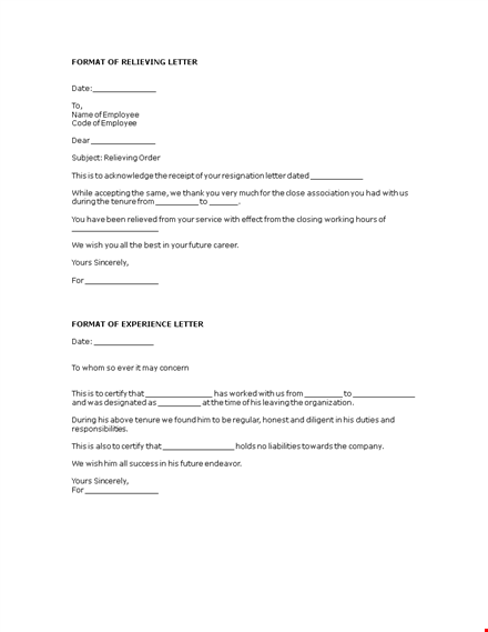 relieving letter example template