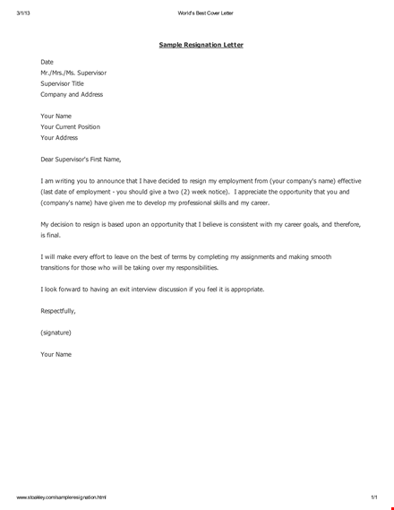 standard resignation letter format template