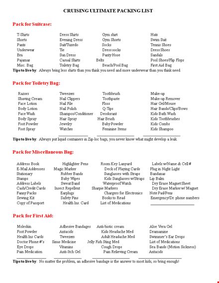 cruise packing checklist template