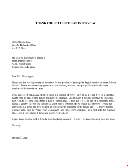 thank you letter template for school interview template