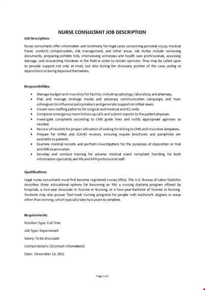 nurse consultant job description template