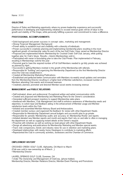 sales and marketing director resume | expertise in management & membership template
