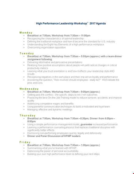 high performance learning agenda template