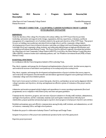 program specialist resume job description | project | college | career | activities | community template