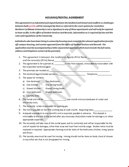 example housing rental lease agreement template