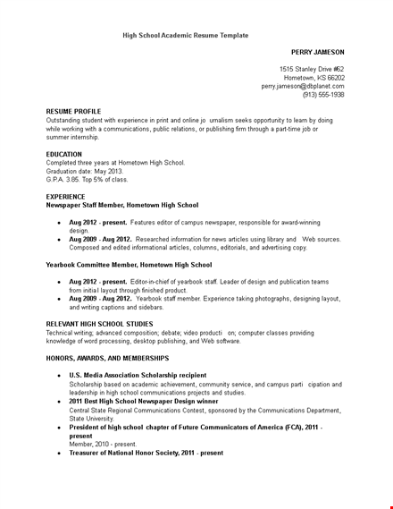 high school academic resume template template