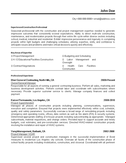 sample construction work resume - projects, school, including construction experience template