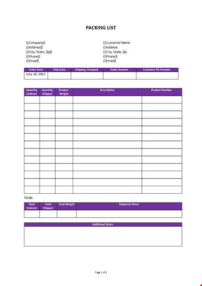 packing list template template