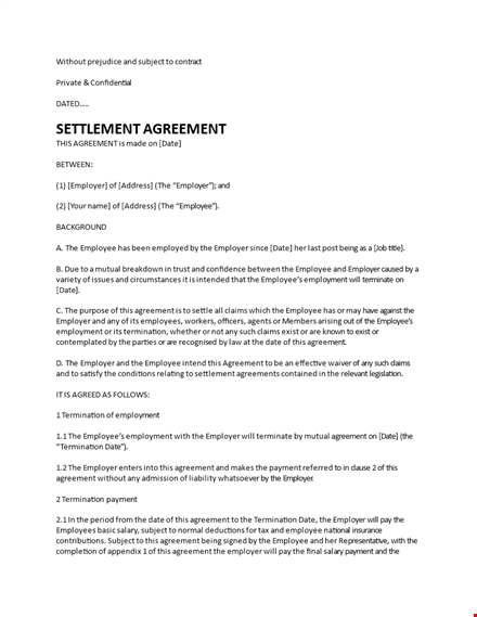 settlement agreement template for employee-employer agreement under legal terms template