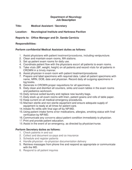 neurologist assistant job description - daily patient care and physician support template