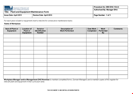 dee ehu plant and equipment maintenance form sirepofaq template