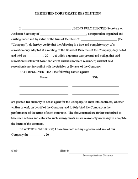 simple corporate resolution form for contracts | company secretary template