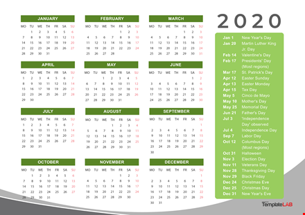 holidays calendar, 2021 holiday dates, national and public holidays template