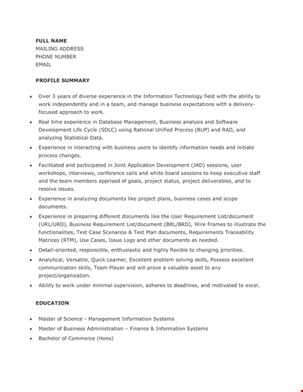 junior business analyst resume - project & business development | information template