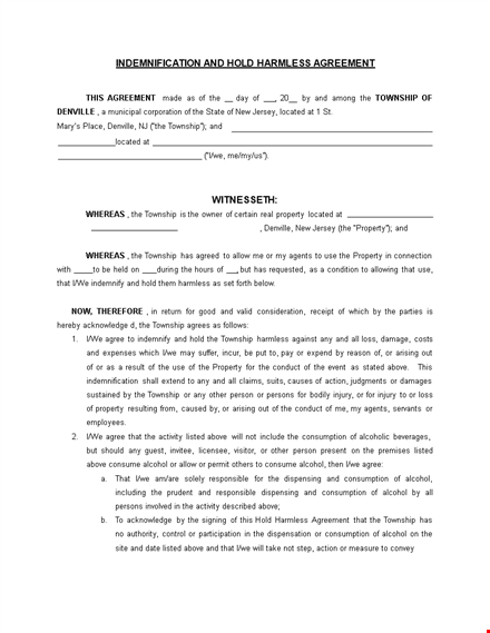 hold harmless agreement template for township | shall agree to terms above template