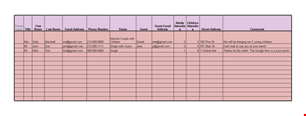 wedding guest list template - manage guest addresses and children | gmail template