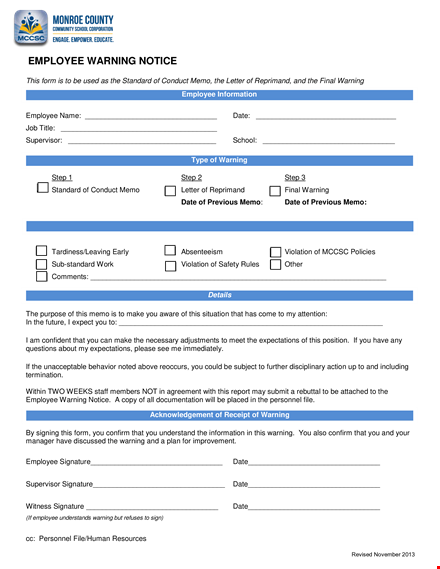 standard employee warning notice template