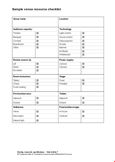 sample venue resource checklist template