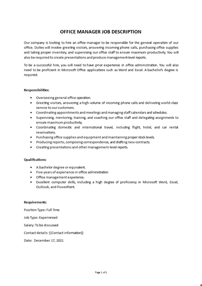 office manager job description template