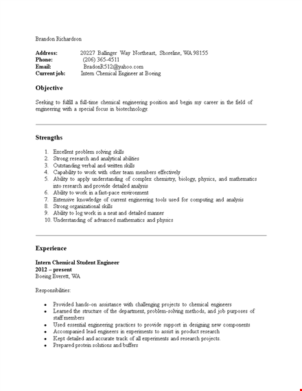 chemical engineering internship resume template