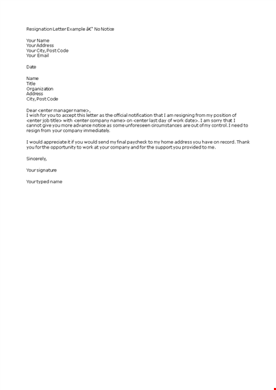 resignation letter format without notice period template