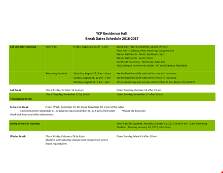 housing break dates schedule - plan your leave for students after break template