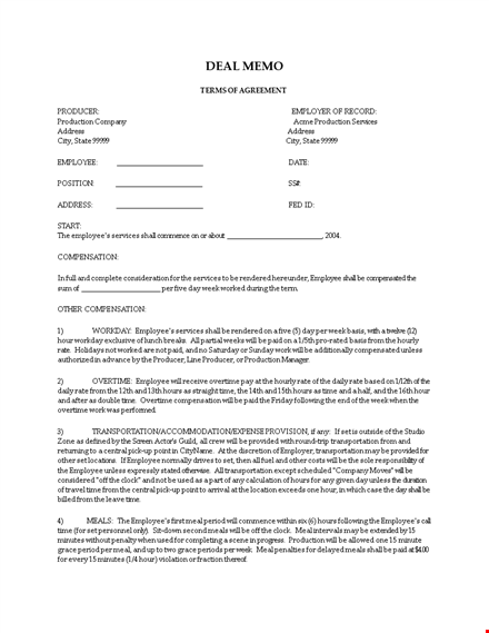 deal memo template for employee agreement by producer template