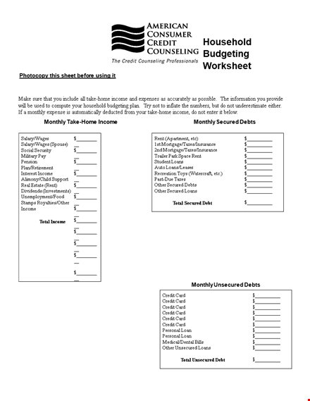 household budget template printable template