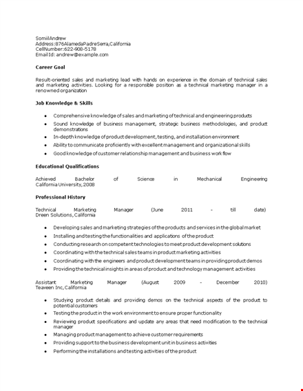 technical marketing manager resume template